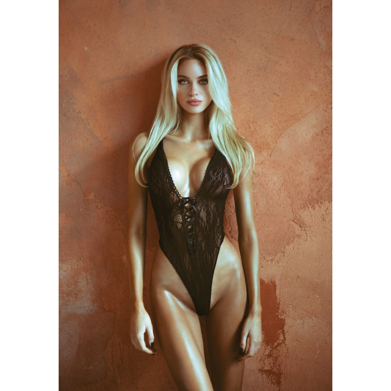 Мереживне боді Leg Avenue Floral lace thong teddy Чорний колір, шнурівка на грудях, one size
