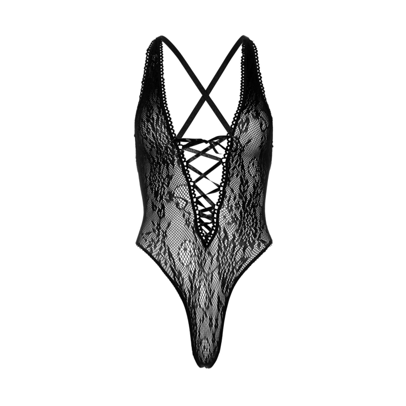 Мереживне боді Leg Avenue Floral lace thong teddy Чорний колір, шнурівка на грудях, one size