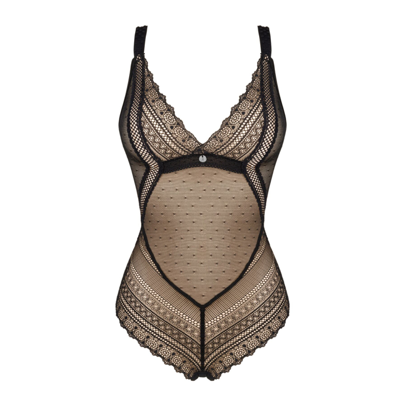 Мереживне боді з декольте Obsessive Estiqua teddy M/L, чорне, широкі лямки