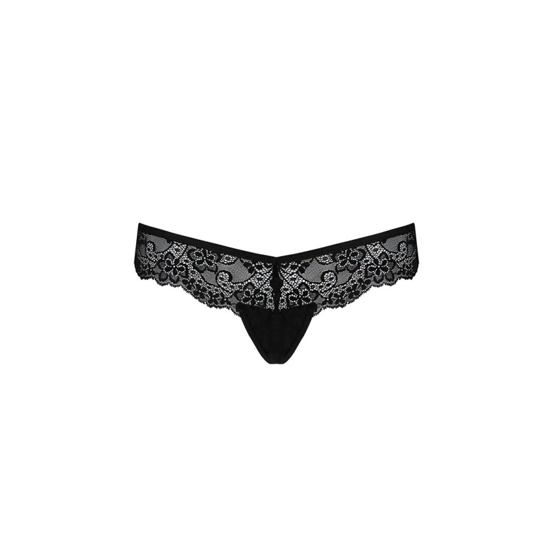 Мереживні трусики–танга з атласним бантиком Passion NAJA THONG L/XL, чорний колір