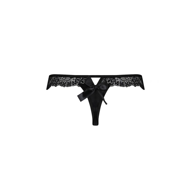 Мереживні трусики–танга з атласним бантиком Passion NAJA THONG L/XL, чорний колір