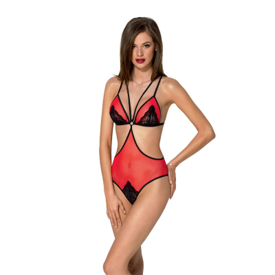 Полупрозрачное боди с кружевом Passion PEONIA BODY L/XL красное