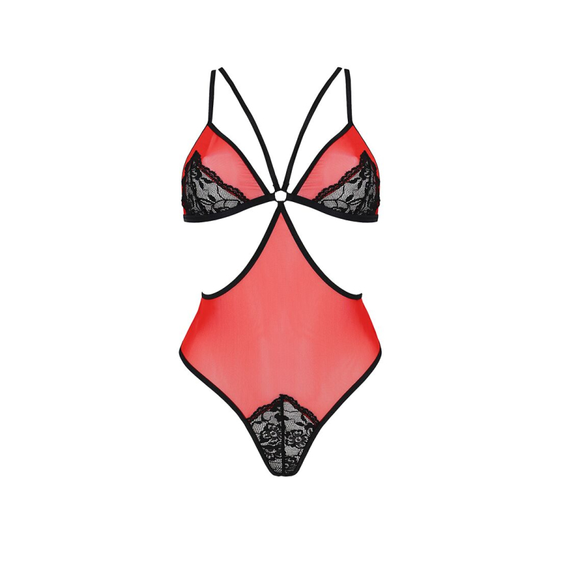 Полупрозрачное боди с кружевом Passion PEONIA BODY L/XL красное