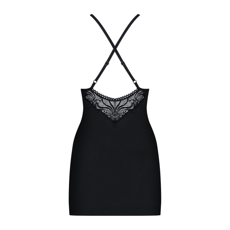 Сатиновий комплект для сну з мереживом Obsessive 828–CHE–1 chemise & thong L/XL, чорний, сорочка