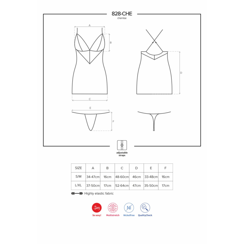 Сатиновий комплект для сну з мереживом Obsessive 828–CHE–1 chemise & thong L/XL, чорний, сорочка