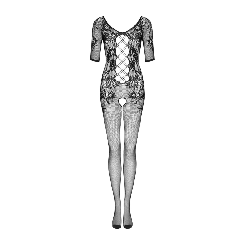 Сітчастий бодістокінг з квітковим малюнком Obsessive Bodystocking F238 S/M/L, чорний колір, з доступом, імі