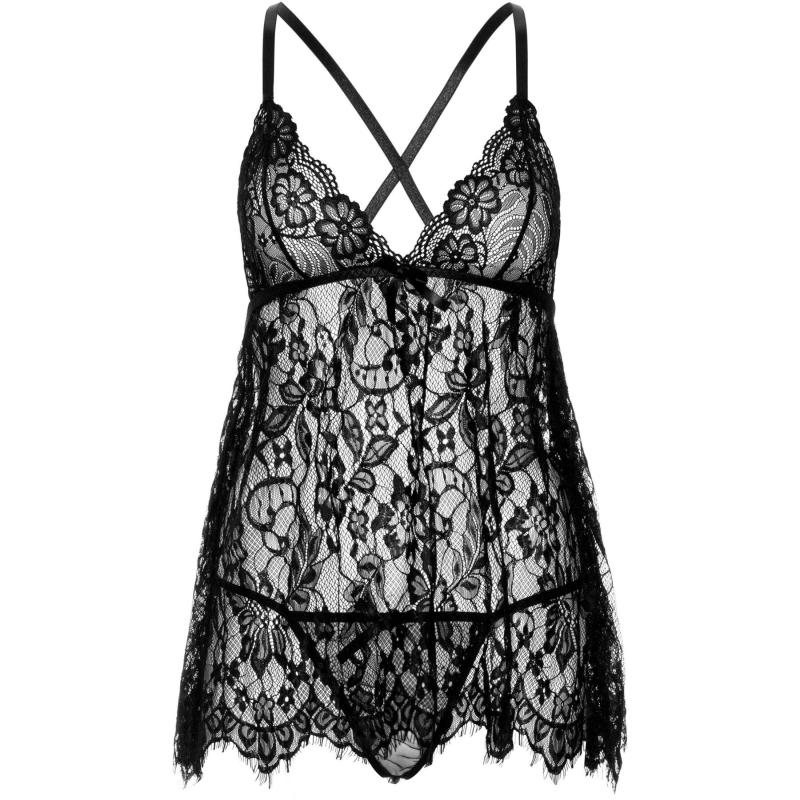Сорочка беби-дол Leg Avenue Floral lace babydoll & string Черный L, стринги