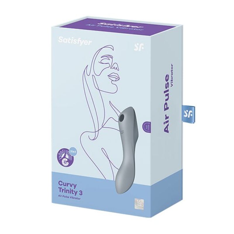 Вакуумный стимулятор с вибрацией 3в1 – Satisfyer Curvy Trinity 3 BlueGrey – 12 режимов вибрации, 11 уровней вакуума