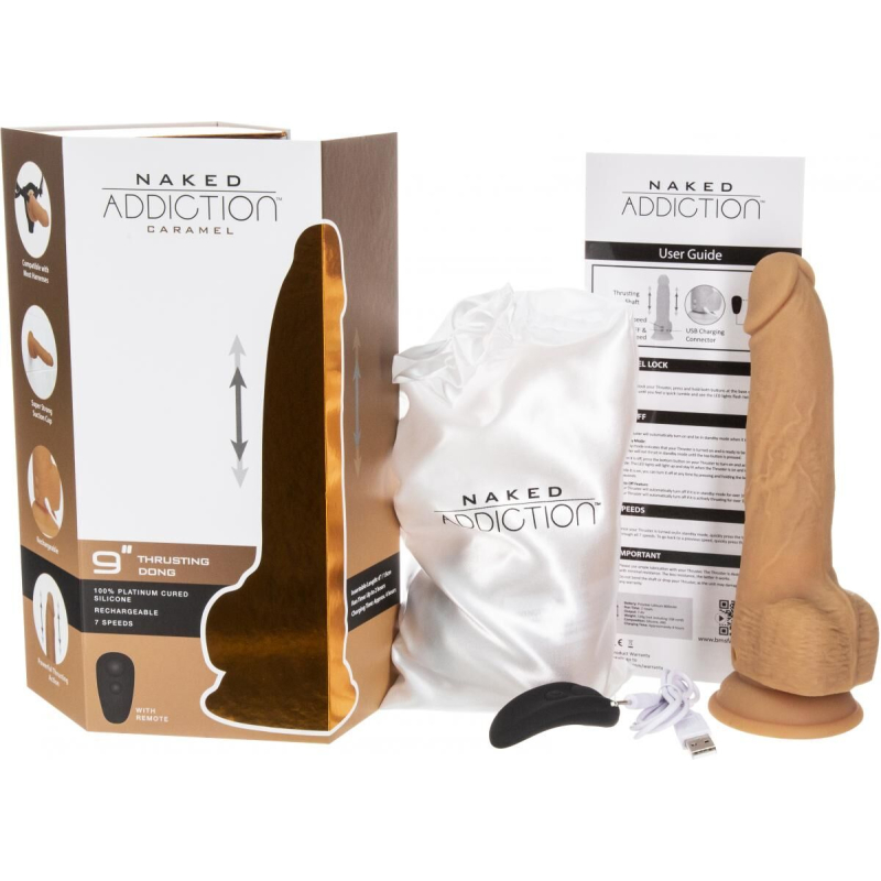 Великий Дилдо з пульсацією Naked ADDICTION Dominic - довжина 22.9, колір Caramel, пульт ДК, діаметр 4,2 см