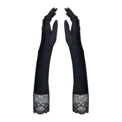 Високі рукавички з каменями та мереживом Obsessive Miamor gloves, чорний колір