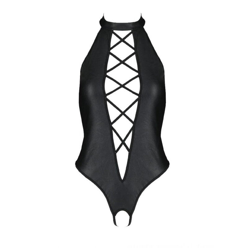 Боди из эко-кожи Passion NANCY BODY 6XL/7XL Черный, с имитацией шнуровки и открытым доступом