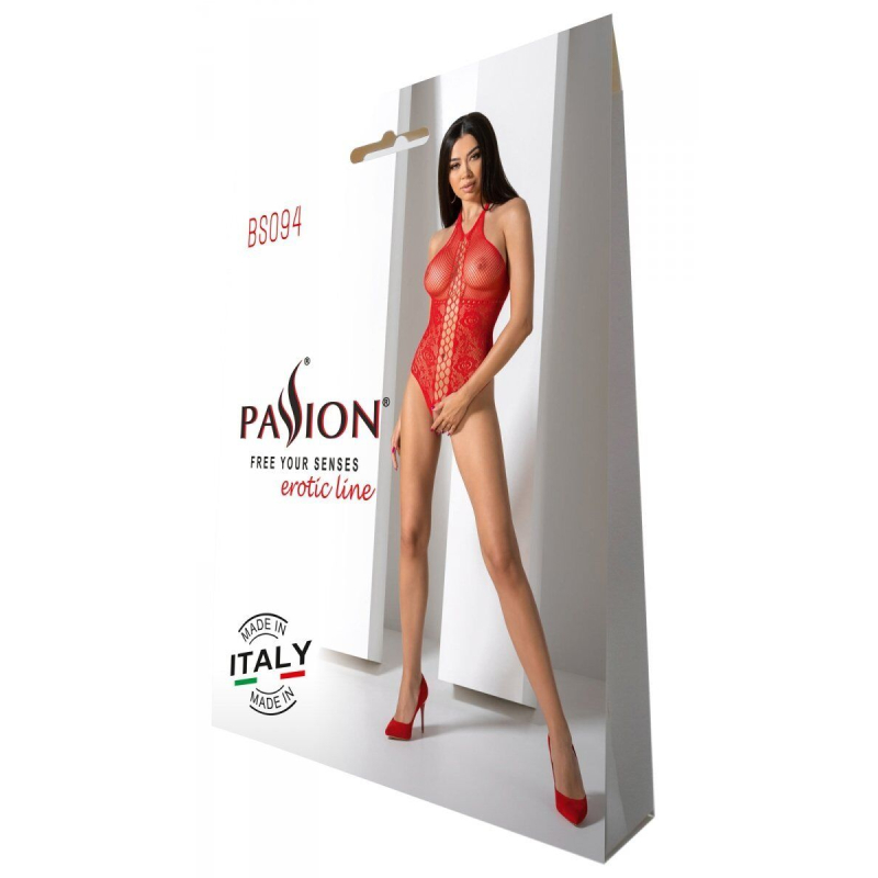 Бодистокинг с имитацией корсетной шнуровки Passion BS094 One Size, красный, цветочный узор, с доступом