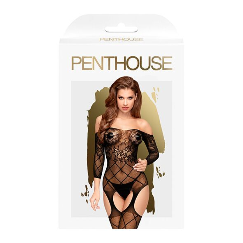 Боди-стокинг с открытыми плечами и флористическим орнаментом Penthouse – Top-Notch Черный