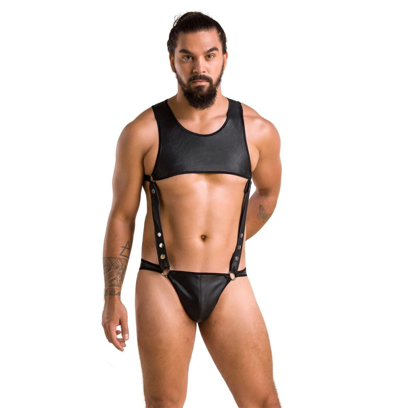 Чоловіче шкіряне боді Passion 056 ADAM 2XL/3XL Чорний колір, заклепки