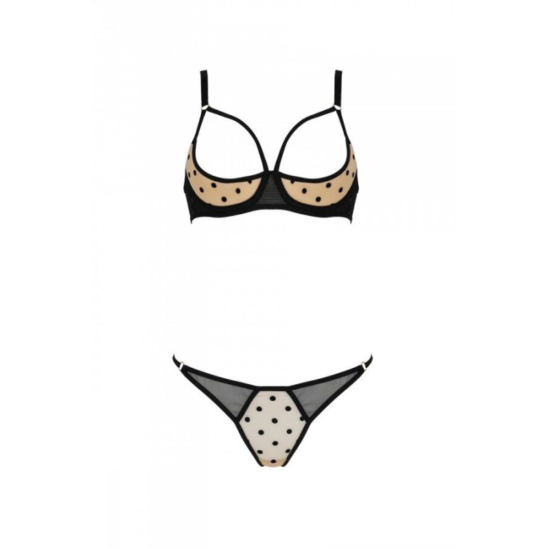 Еротичний комплект Passion MARINA SET WITH OPEN BRA, L/XL, кремовий/чорний, відкриті чашки