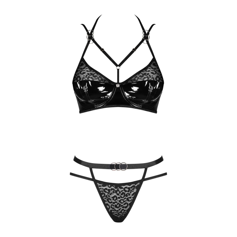 Эротический комплект под латекс со стропами Obsessive Bagirela 2–pcs set L/XL, черный, под леопард, бюстгальтер