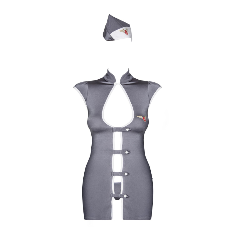 Эротический костюм стюардессы Obsessive Stewardess 3 pcs costume grey L/XL, серый, платье, стринги, пилот