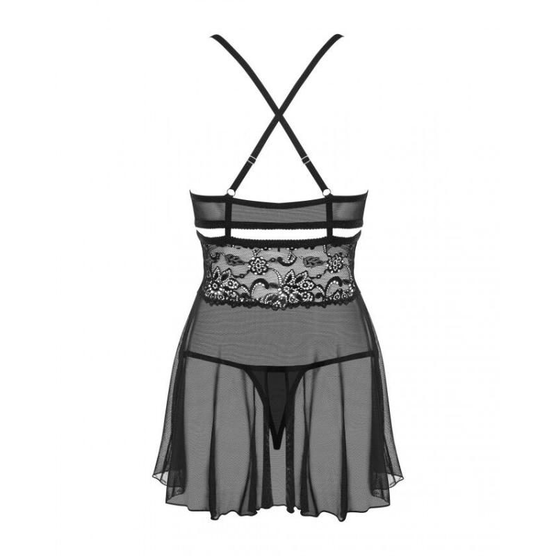 Еротичний мереживний комплект із сіточкою Obsessive 838–BAB–1 babydoll & thong Чорний XXL, чорний, пе