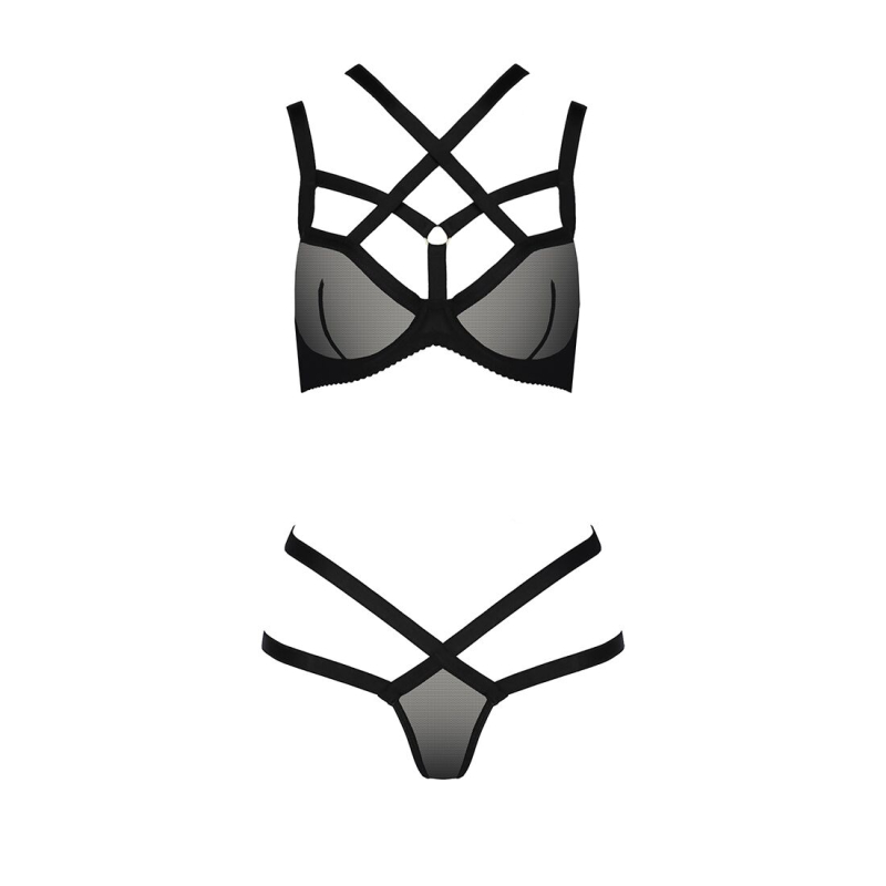 Комплект білизни Passion Exclusive HAGAR SET S/M, чорний колір, стрепи трусики та ліф