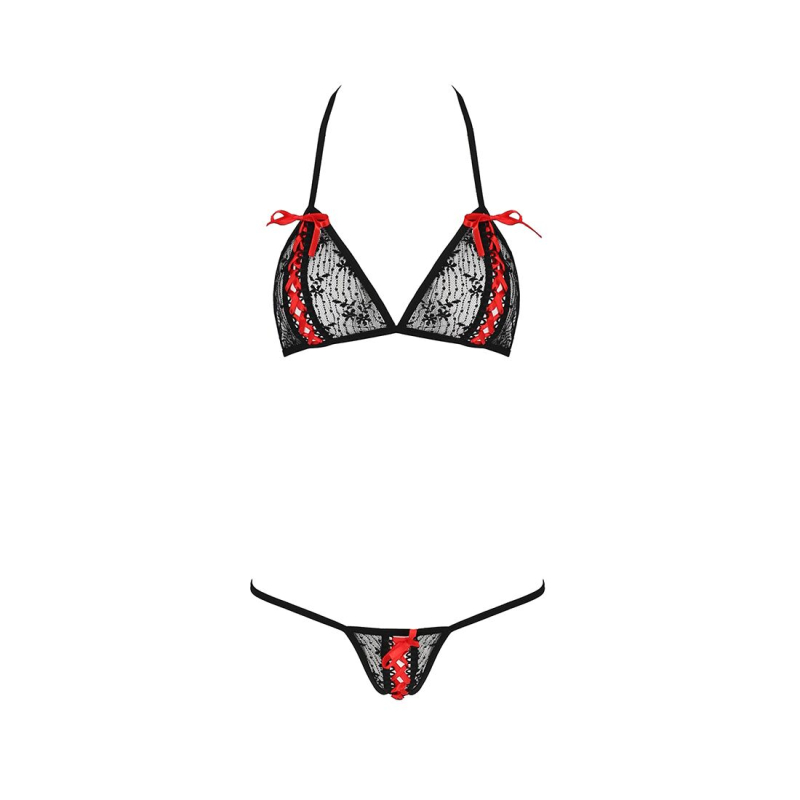 Комплект білизни Passion MELISSA BIKINI 2XL/3XL, чорний колір, ліф зі шнурівкою і трусики стрінги