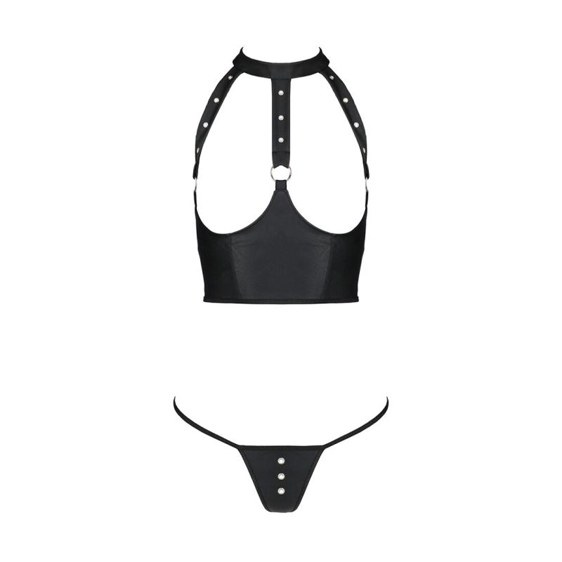 Комплект білизни з відкритими грудьми Passion GENEVIA SET WITH OPEN BRA 2XL/3XL Чорний, корсет, стрі