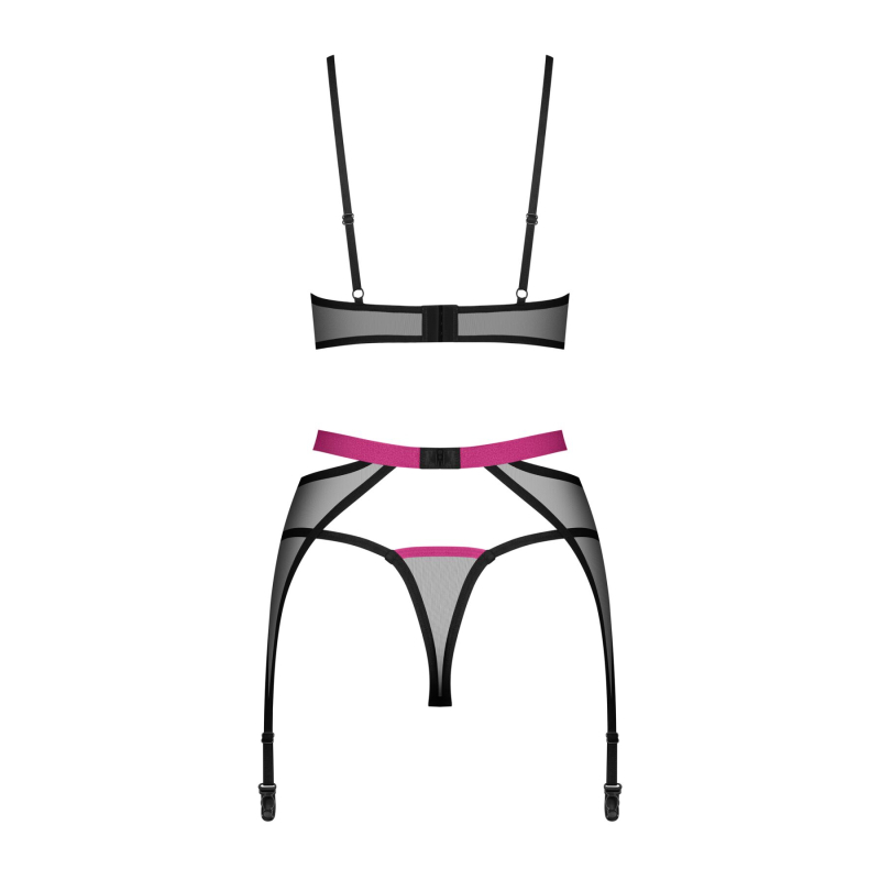 Комплект Obsessive Novenes 3–pcs set, XS/S, прозорий ліф на кісточках, стрінги, пояс