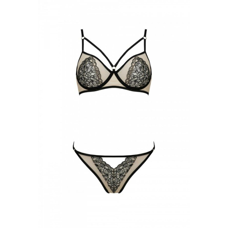 Комплект Passion LORINA SET, S/M, кремовий/чорний, бюстгальтер та трусики