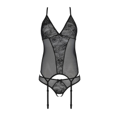 Корсет із пажами, трусики з ажурним декором та відкритим кроком Passion URSULA CORSET S/M, чорний колір