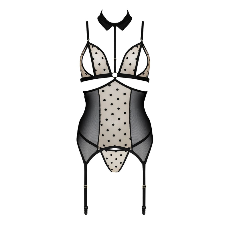 Корсет с открытыми грудями Passion DOMINICA CORSET S/M кремовый/черный, пояса для чулок, стринги