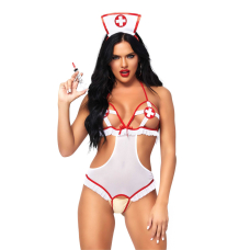 Костюм медсестри Leg Avenue Naughty Nurse, one size, боді та шапочка – білий/червоний