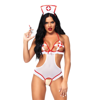 Костюм медсестри Leg Avenue Naughty Nurse, one size, боді та шапочка – білий/червоний