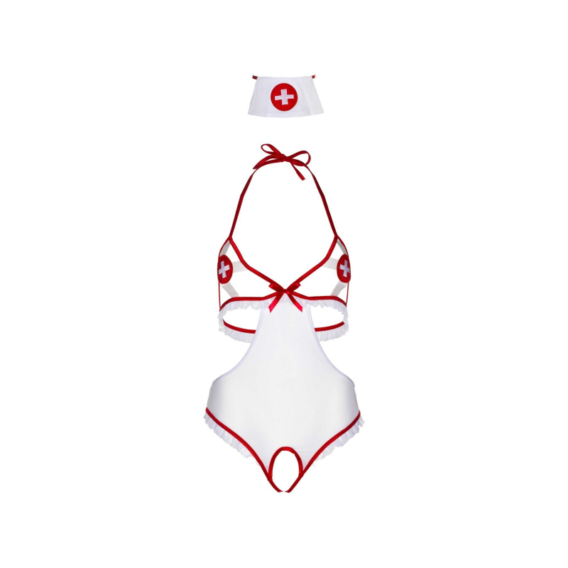 Костюм медсестри Leg Avenue Naughty Nurse, one size, боді та шапочка – білий/червоний
