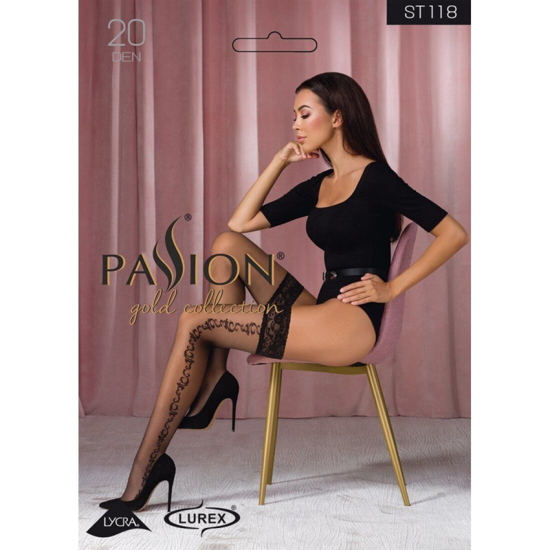 Панчохи Passion ST118 5 Чорний, на ажурній силіконовій резинці, з бічним вертикальним малюнком
