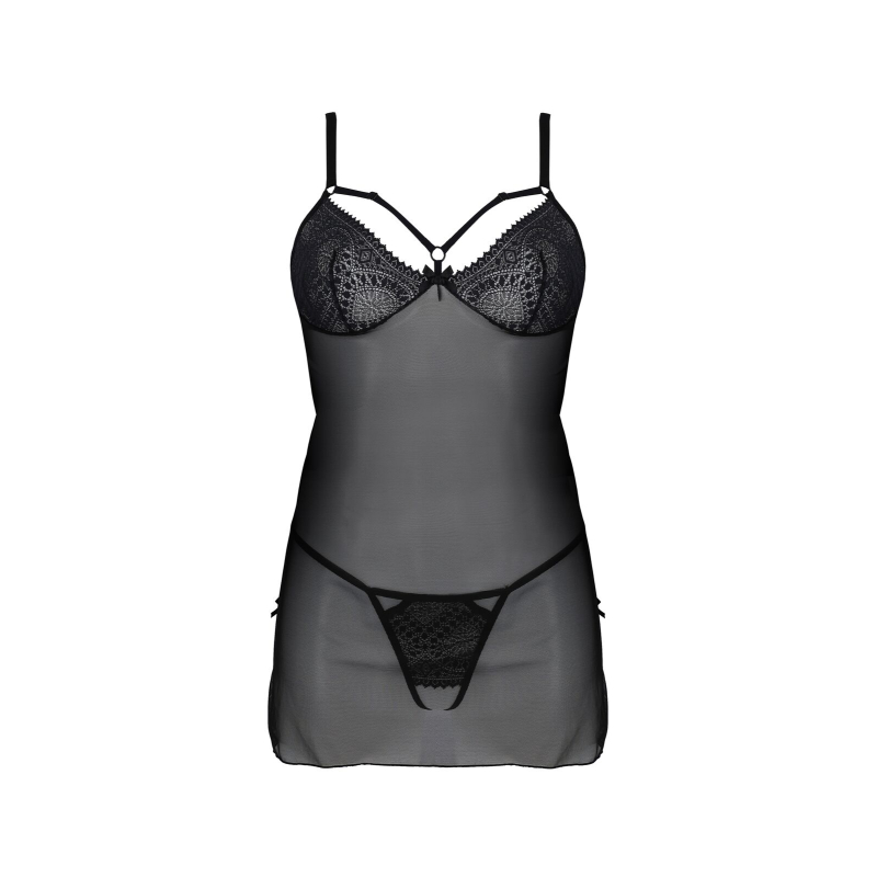 Пеньюар Passion DROSERA CHEMISE Чорний, S/M, мереживний ліф зі стрепами, трусики в комплекті
