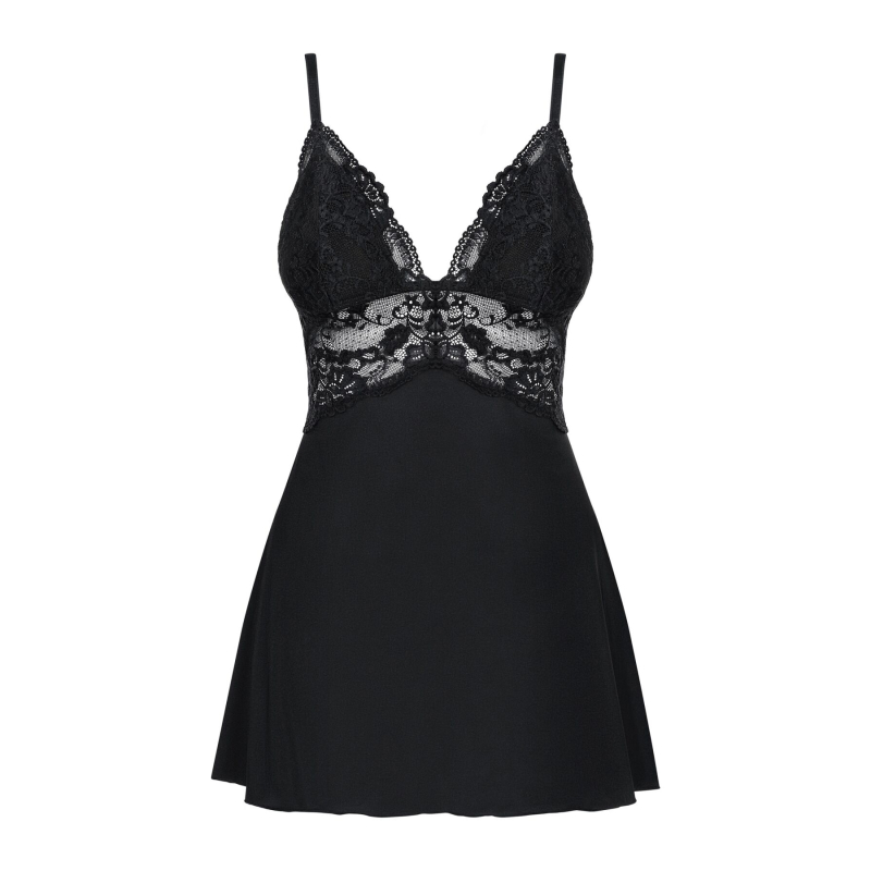 Сатиновий пеньюар з мереживом Obsessive 810–BAB–1 babydoll & thong L/XL, чорний, пеньюар, танга
