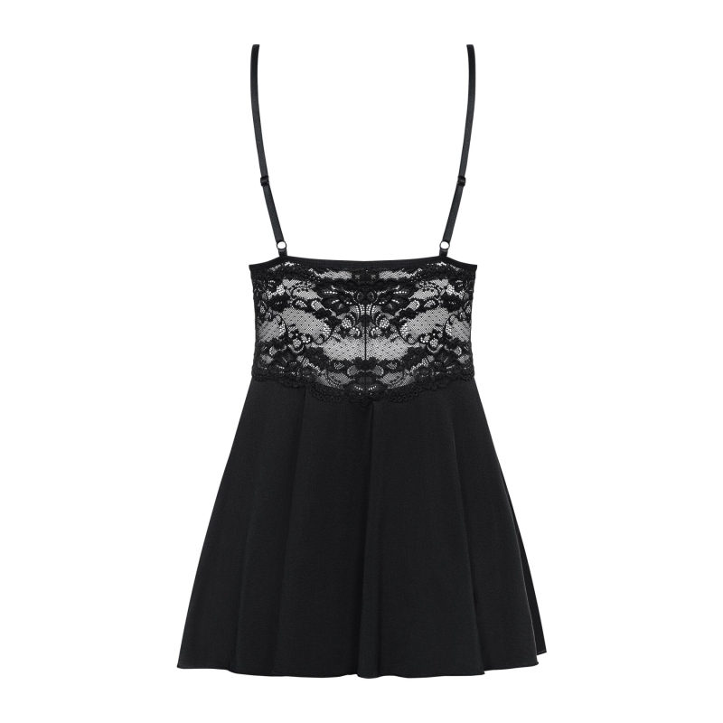 Сатиновий пеньюар з мереживом Obsessive 810–BAB–1 babydoll & thong L/XL, чорний, пеньюар, танга