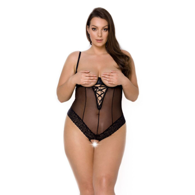 Боди Passion Exclusive NORTH BODY 4XL/5XL Черный, открытые груди, с доступом, винил и кружево