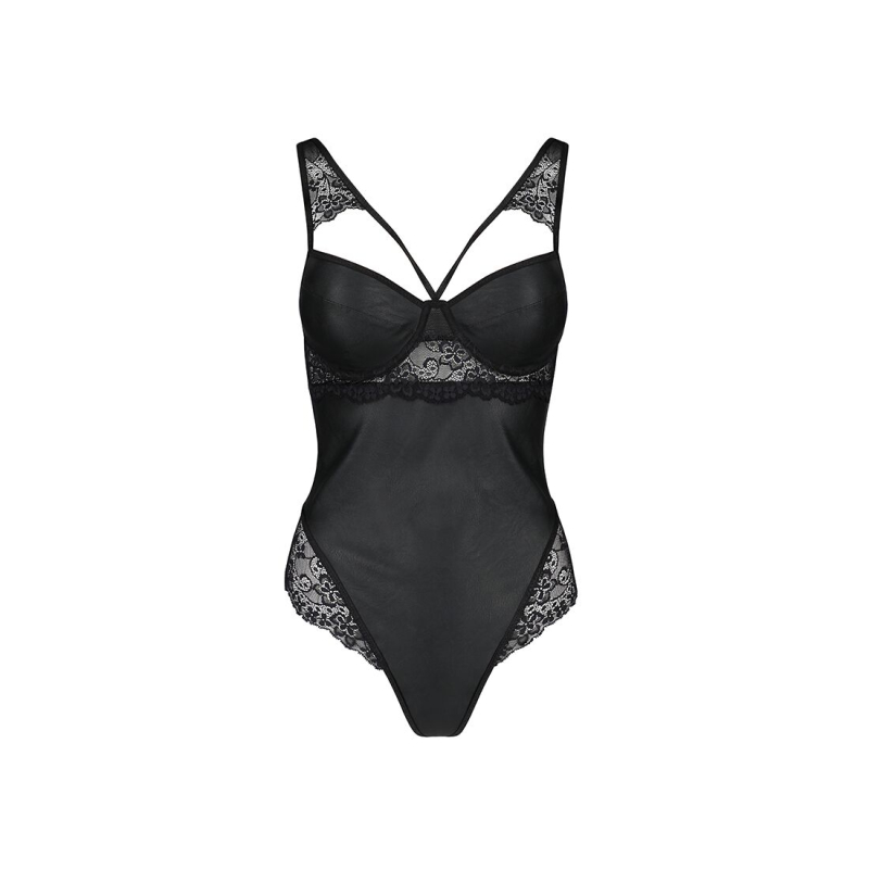 Боді з еко–шкіри та мережива Passion LOONA BODY S/M, чорний колір