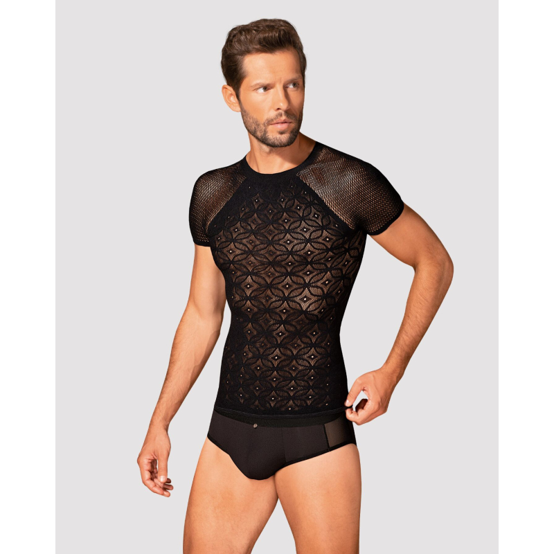 Чоловіча напівпрозора футболка з орнаментом Obsessive T102 T–shirt S/M/L, чорна
