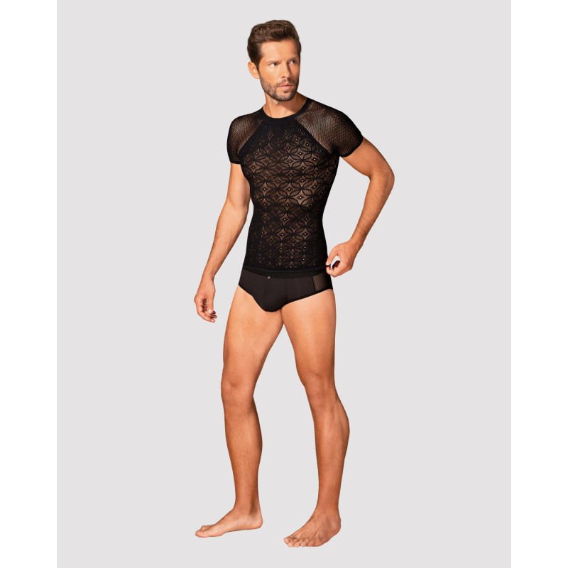 Чоловіча напівпрозора футболка з орнаментом Obsessive T102 T–shirt S/M/L, чорна