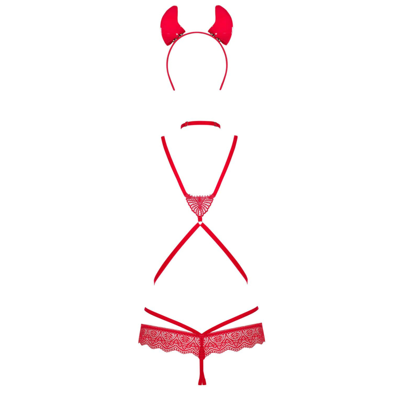 Эротический костюм чертика со стреп Obsessive Evilia teddy красный S/M, боди, чокер, накладки на соски, об