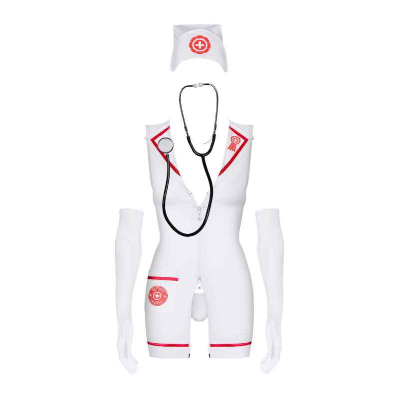 Еротичний костюм медсестри Obsessive Emergency dress S/M, Білий, сукня, стринги, рукавички, чепчик,