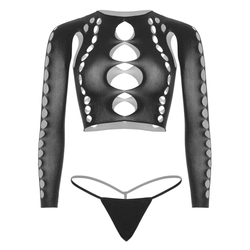 Комплект безшовної білизни Leg Avenue Long sleeve crop top & string Чорний колір, One Size, топ, стрінги