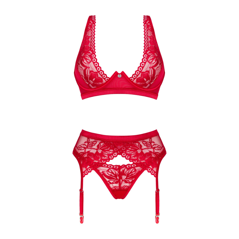 Комплект белья Obsessive Lacelove cupless 3–pcs set M/L Красный, бюстгальтер, стринги, пояс для чулок
