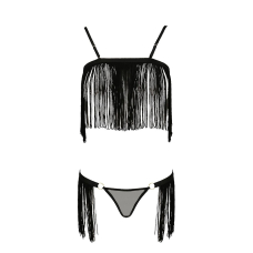 Комплект белья Passion Exclusive KASSANDRA SET OpenBra S/M Черный, лиф с бахромой, трусики-юбка