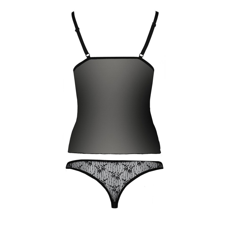 Комплект белья Passion MELISSA SET 2XL/3XL, черный цвет, лиф-рубашка со шнуровкой и трусики