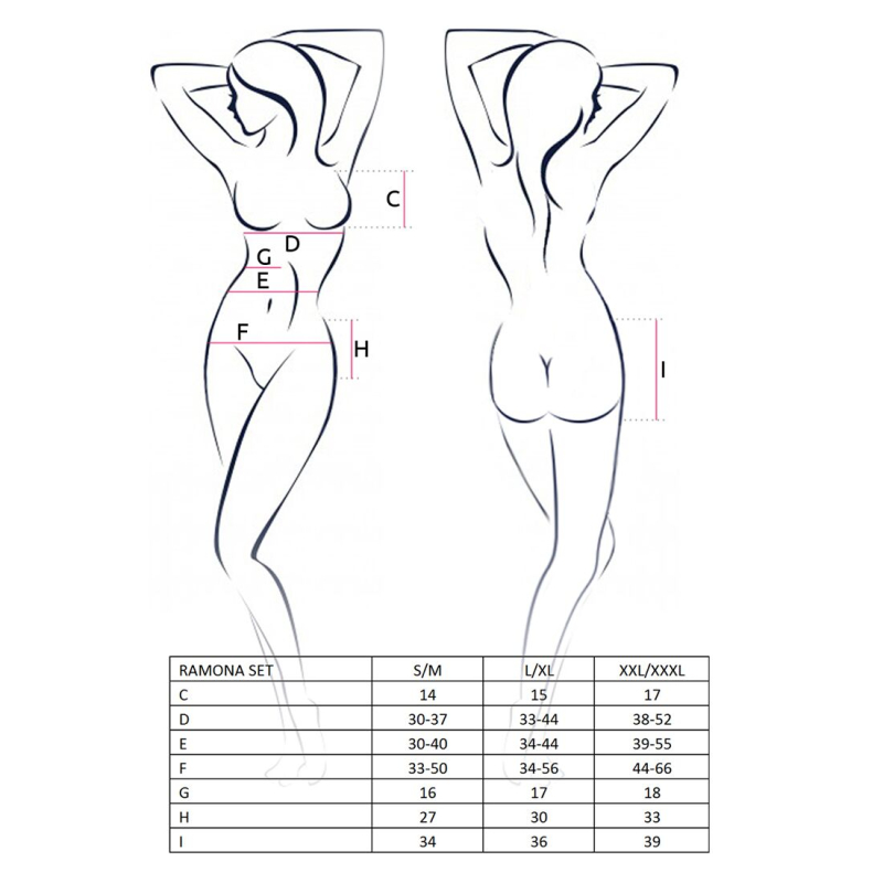 Комплект белья Passion RAMONA SET L/XL, черный цвет, лиф, стринги, широкий пояс с рюшей