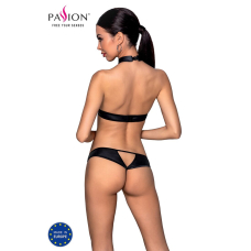 Комплект, відкритий топ та трусики з екошкіри з люверсами Passion MALWIA SET with Open Bra S/M чорний колір
