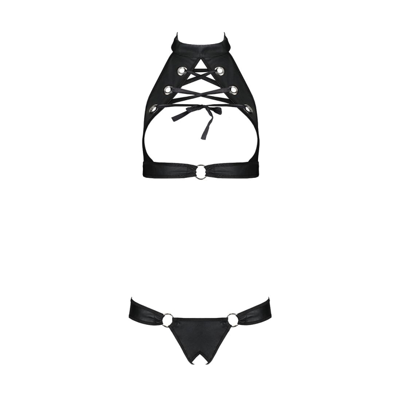 Комплект открытый топ и трусики из экокожи с люверсами Passion MALWIA SET with Open Bra S/M, черный цвет