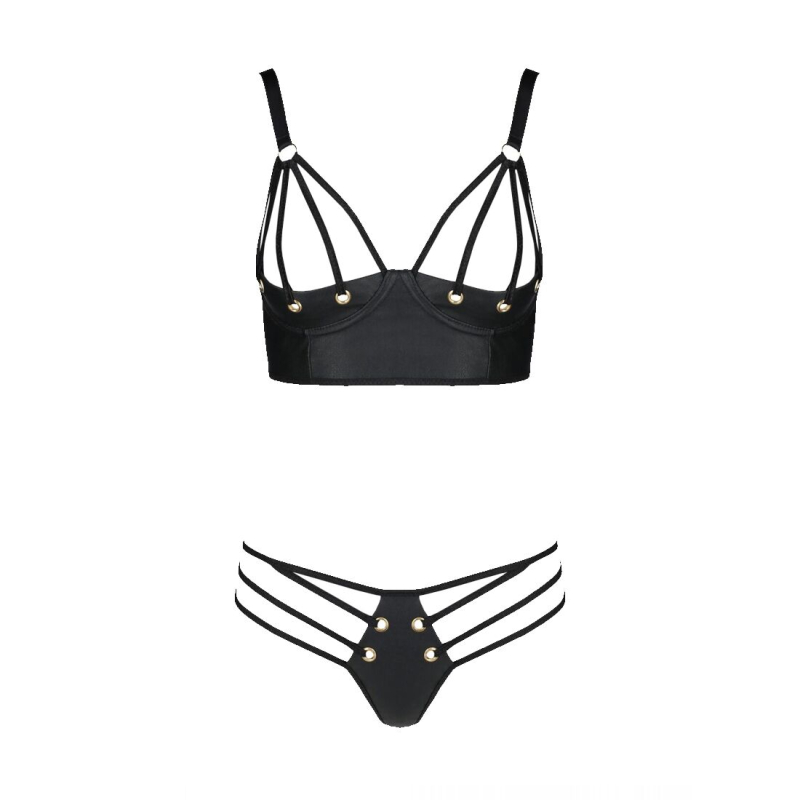 Комплект из эко-кожи Passion MALWIA BIKINI 4XL/5XL Черный, с люверсами и ремешками, бра, трусики